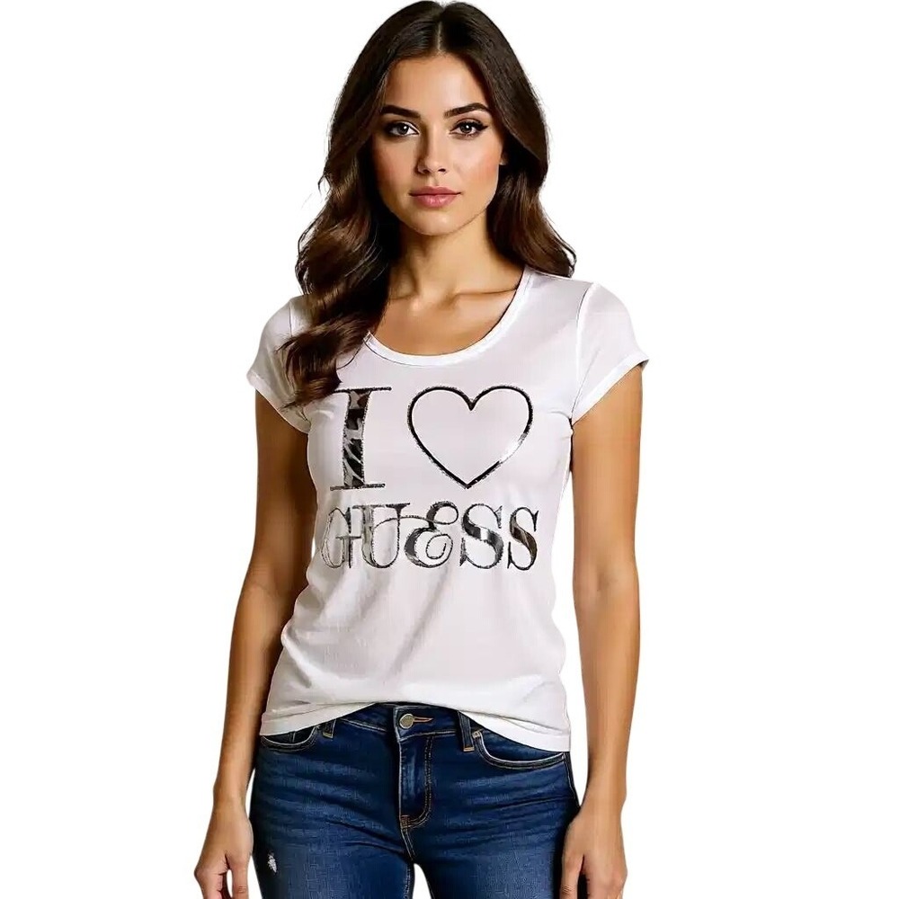 Guess Womens I Heart Guess Leopard Print Rhinestone Scoop Neck T-Shirt M NWT